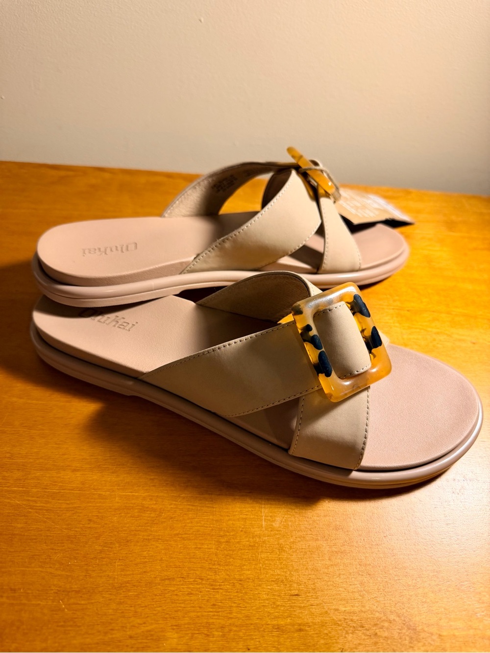 OluKai La'i Beige Slide Sandals with Tortoiseshell Buckle - Picture 3 of 5